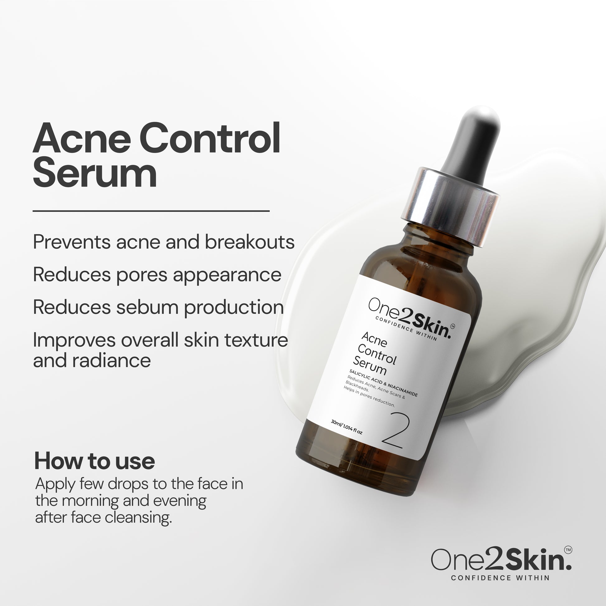 One2Skin Acne Control Serum benefits and how to use acne one2skin acne contorl serum with bottle