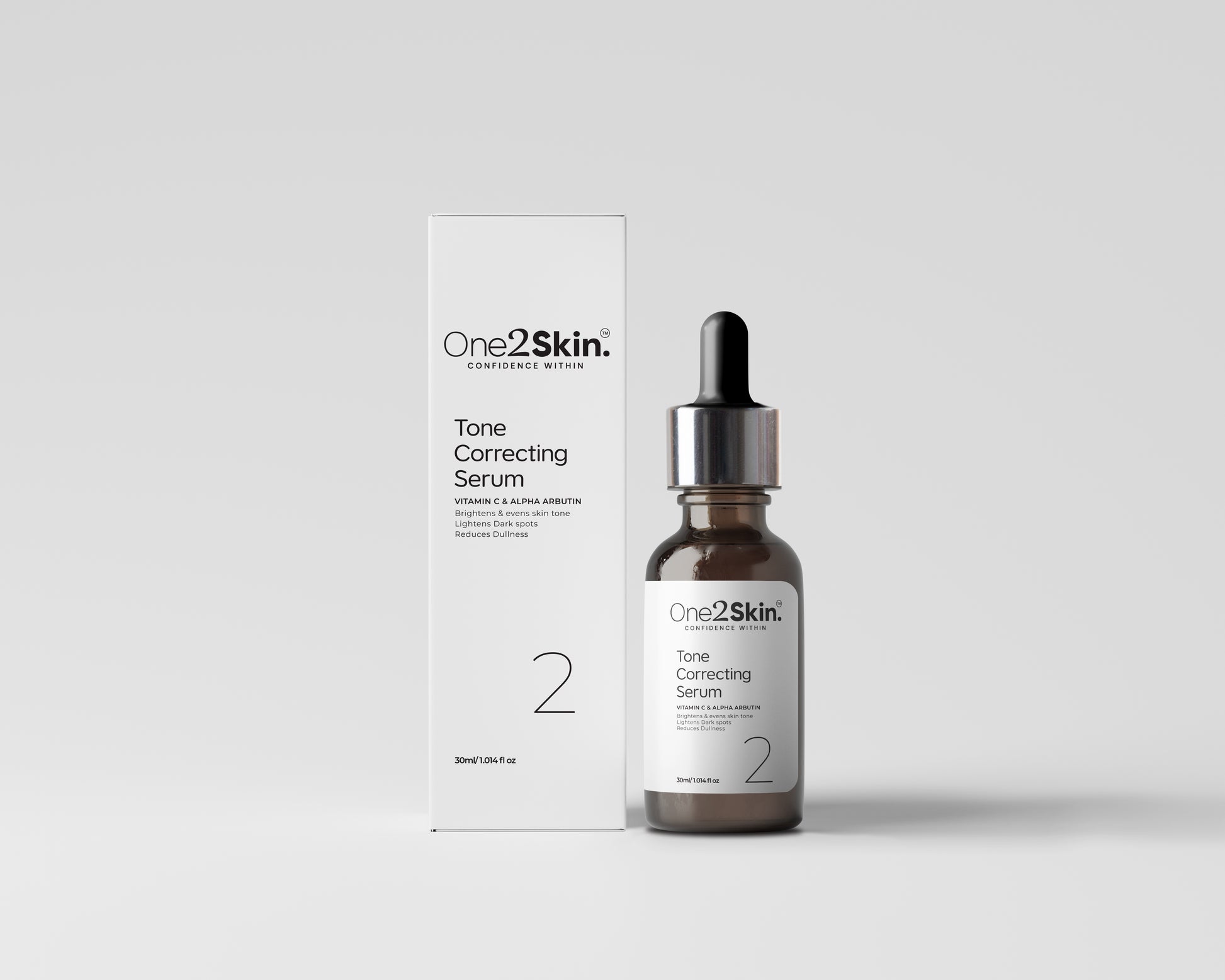 One2skin Tone correcting serum front with bottle and box 